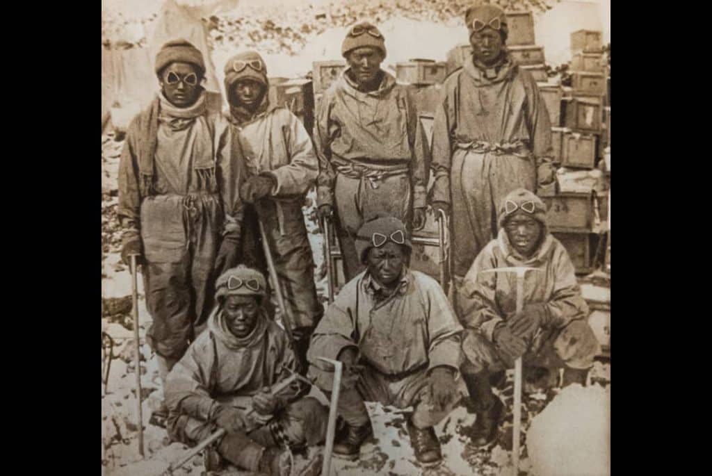 The “Tigers” of 1933, the superhuman Sherpa and Bhutia climbers who were the keystone to establishing Camp VI at 27,400 feet: legendary Ang Tharkay in the lower middle, as well as Lhakpa Chedi, Da Tsering, Nima Dorje, Ang Tsering, Pasang, Tsering Tarke, Rinzing, and Kipa Lama (not pictured)