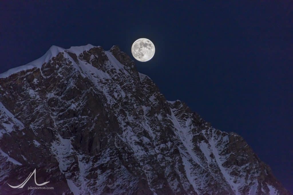 The full moon rises over high peaks of the Garhwal Himalaya on the upper Gangotri Glacier, Uttarakhand, India.