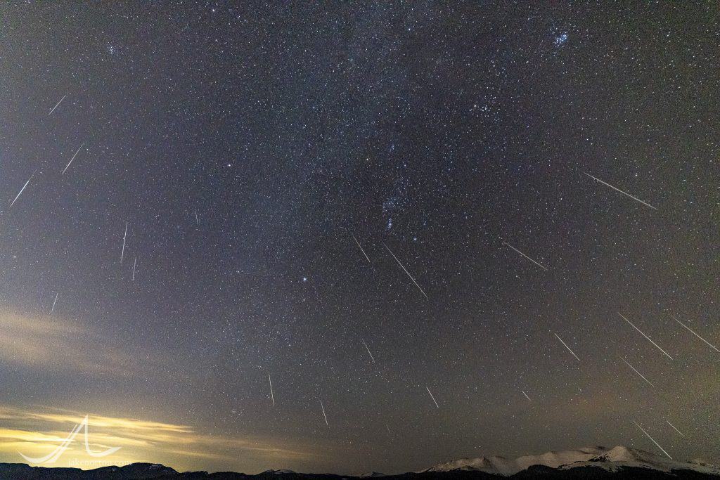 Geminids meteor shower over Blue Sky Mountain (Mount Evans) from Juniper Pass, Colorado. In recognition of the suffering of the Cheyenne and Arapaho tribes in the Sand Creek Massacre of 1864 - and then-Governor Evans' refusal to comdemn the massacre - there is currently a petition to rename Mount Evans to Blue Sky Mountain.