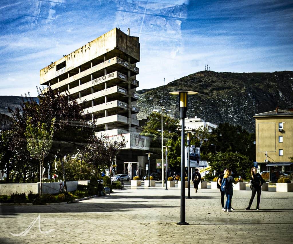 The famed Sniper Tower in Mostar, Bosnia and Herzegovina. Formerly the Ljubljanska Bank, the tower was occupied by Croat snipers during the bloody, 9 month siege of Mostar.