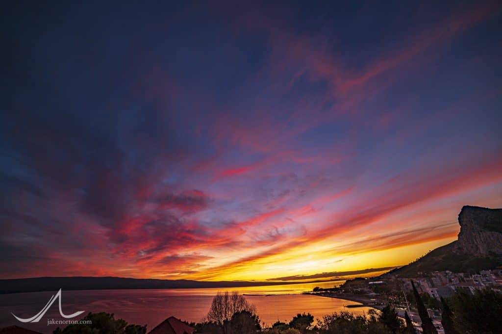 Sunset over the Adriatic Sea from Omiš, Croatia.