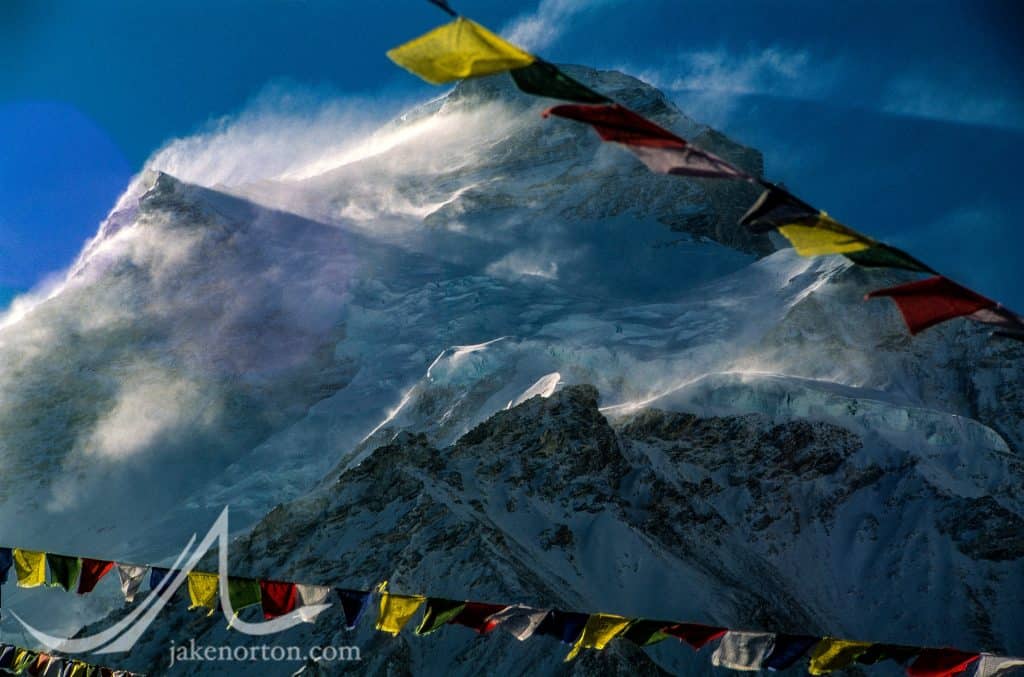High winds buffet the upper slopes of Cho Oyu, Tibet.