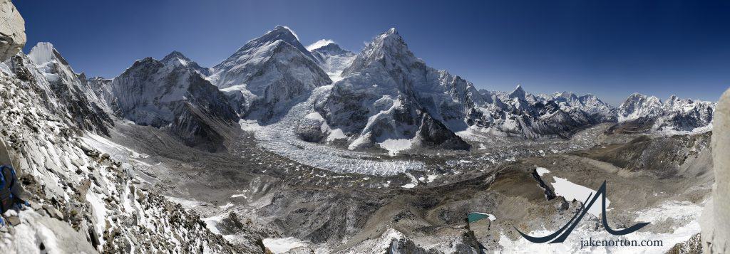 Gigapixel panorama of Mount Everest from Camp 1 on neighboring Pumori, Nepal. From left to right, visible peaks are Lingtren, Khumbutse, Changtse, the West Shoulder, Lhotse, Nuptse, Ama Dablam, Kangtega, Thamserku, Tawoche, and Cholatse, among many others. The Khumbu Icefall sits in the center, and when zoomed in climbers are clearly visible in the upper sections.