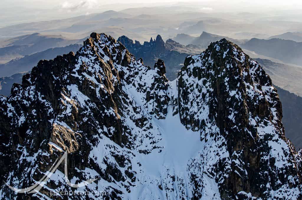 The twin summits of Mt. Kenya - Nelion (right) and Batian (left) as viewed from the air.