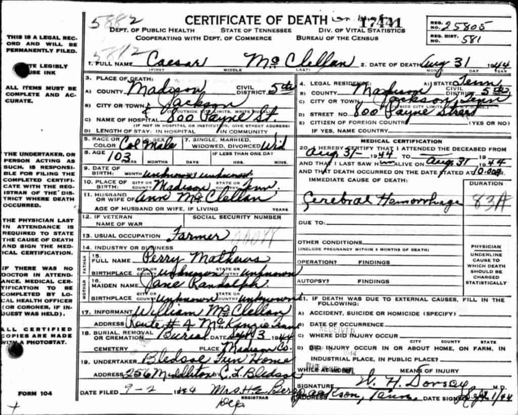 Caesar McClellan - Tennessee Death Records 1908 1958