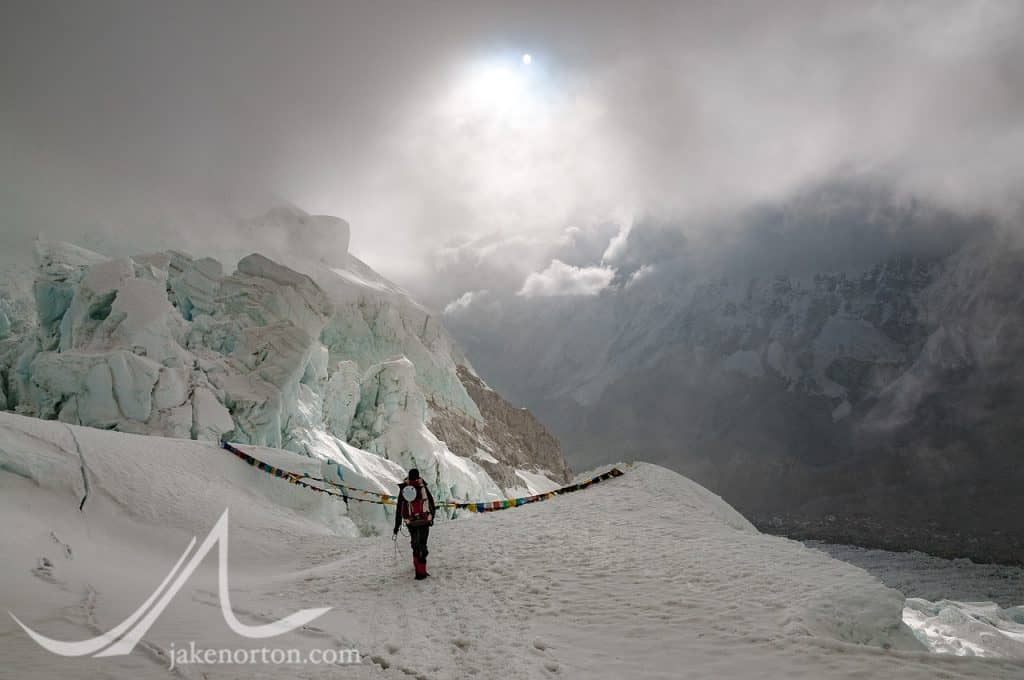 A climber descends from Camp 1 into the Khumbu Icefall on Mount Everest, Nepal.