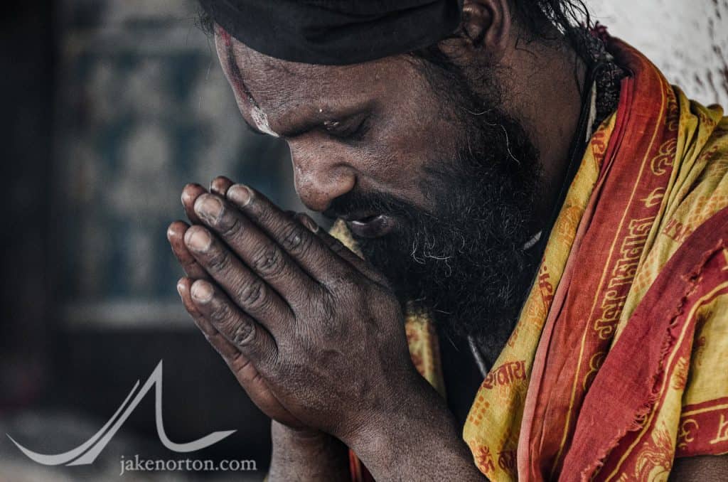 A Hindu sadhu, or holy man, prays at the Indreshwar Mahadev Temple in the holy city of Panauti, Kathmandu, Nepal.