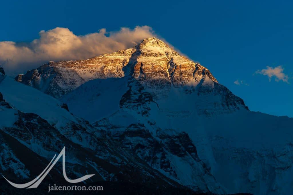 The North Face of Mount Everest at sunset from Rongbuk Basecamp, Tibet.