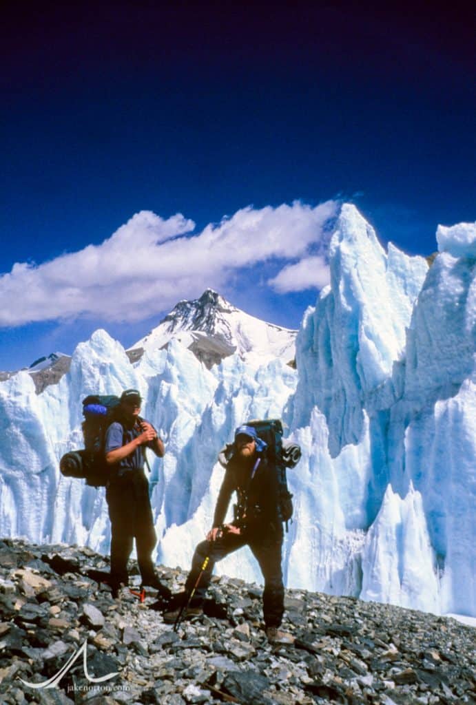Tap Richards and Thom Pollard on the East Rongbuk Glacier, Mount Everest, Tibet, April 1999. 