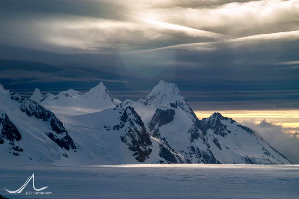 Jagged peaks in the interior of South Georgia rise high above the Murray Snowfield.