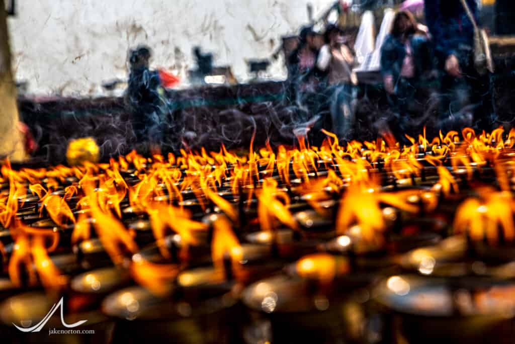 Butter lamps at Bodhanath Stupa, Kathmandu.