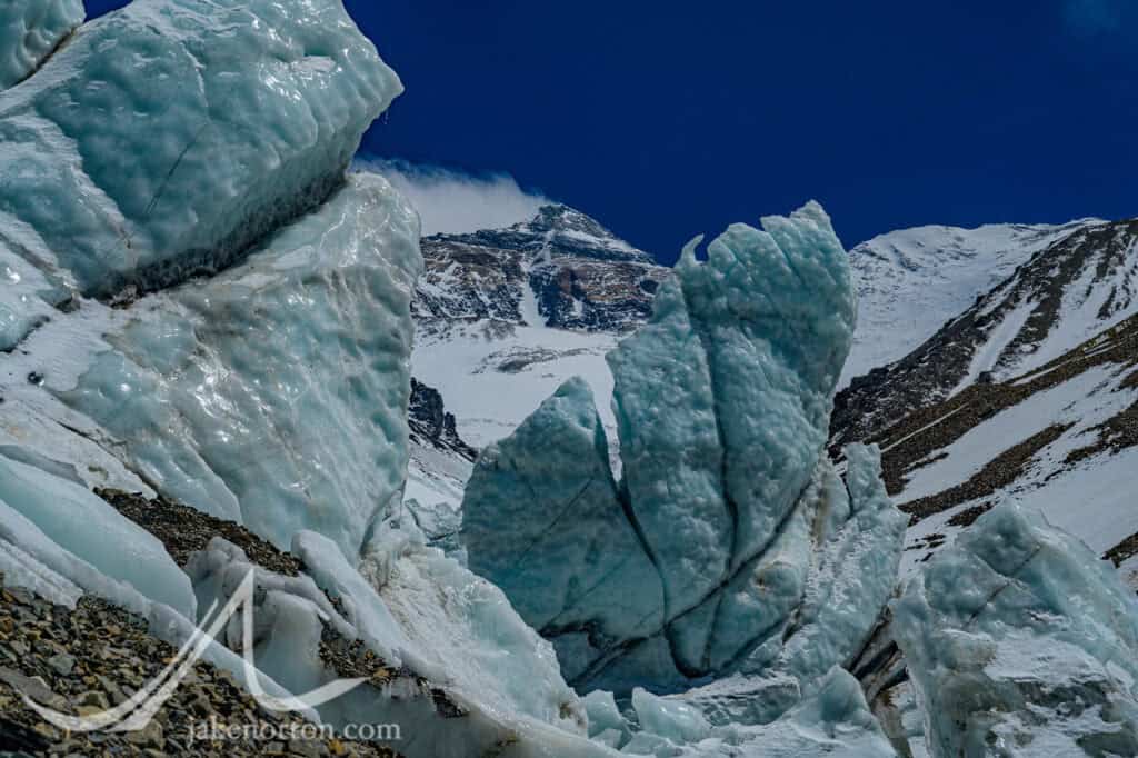 The North Face of Mount Everest rises above seracs at 20,500 feet on the East Rongbuk Glacier, Tibet.