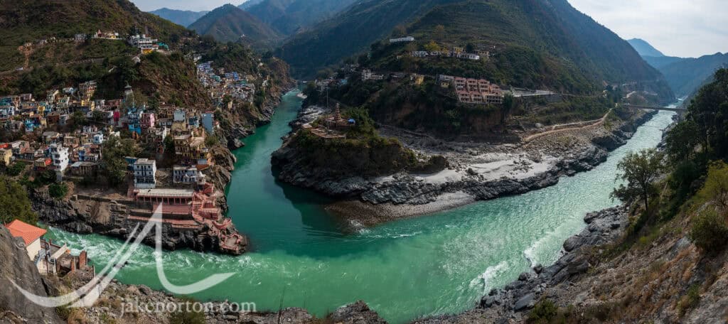 The sacred confuence of Devprayag, Uttarakhand, India. This is the place where the Aliknanda (coming from the top) and the Bhagirathi (from left) rivers join and form the sacred Ganges River, lifeblood to some 500,000 million in North India.