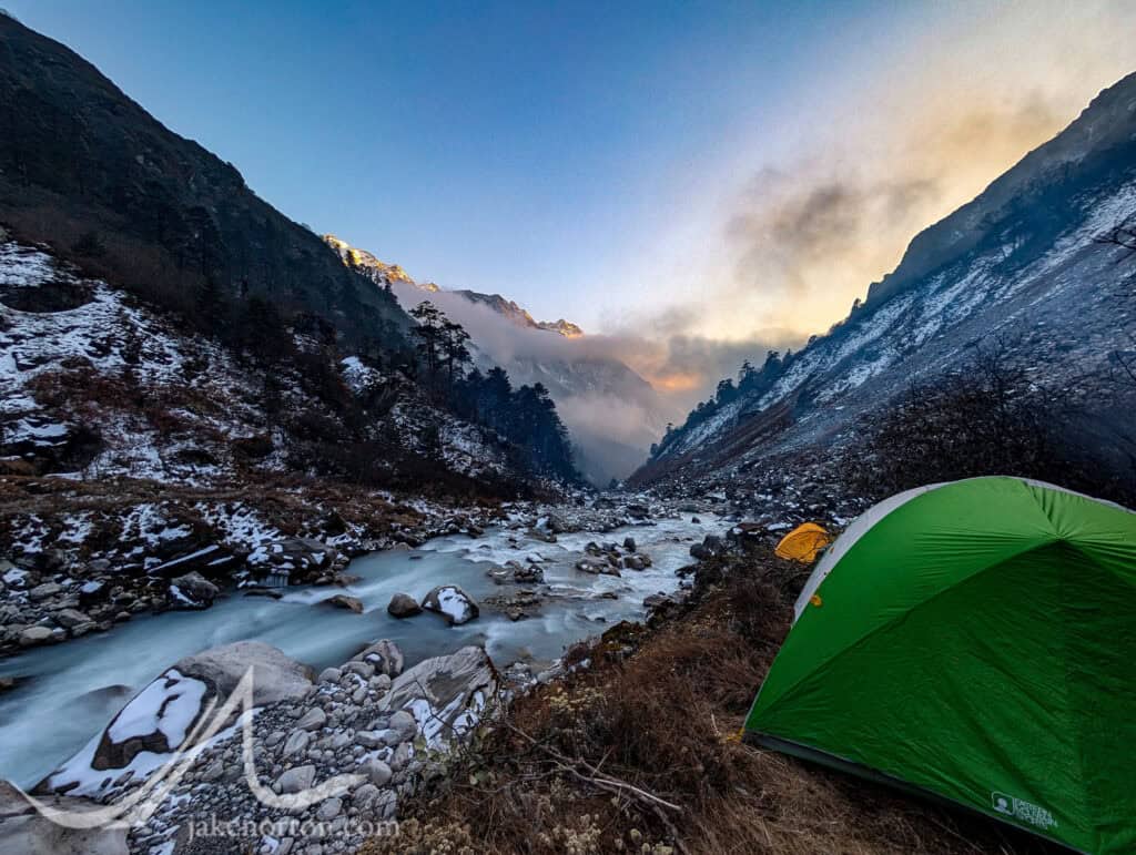 Sunset at our tiny cliff camp on the Hunku Khola.