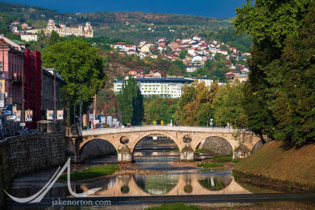 The famous Latin Bridge spanning the Miljacka River, Sarajevo, Bosnia and Herzegovina. The left side is where, on June 28, 1914, Gavrilo Princip assassinated Archduke Franz Ferdinand and his wife, Sophie, setting in motion events that would start World War I.