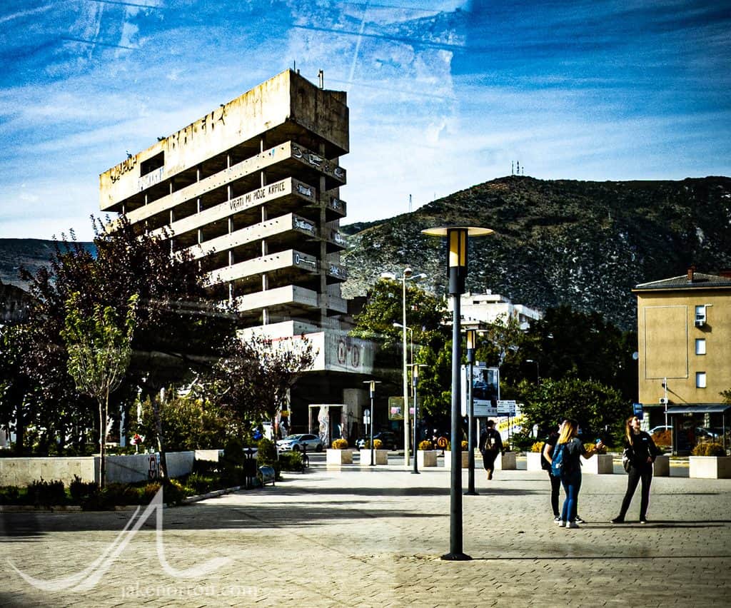 The famed Sniper Tower in Mostar, Bosnia and Herzegovina. Formerly the Ljubljanska Bank, the tower was occupied by Croat snipers during the bloody, 9 month siege of Mostar.